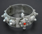 Yemeni Bedouin Silver Bracelet with Red Bead - Hinged - Small Size