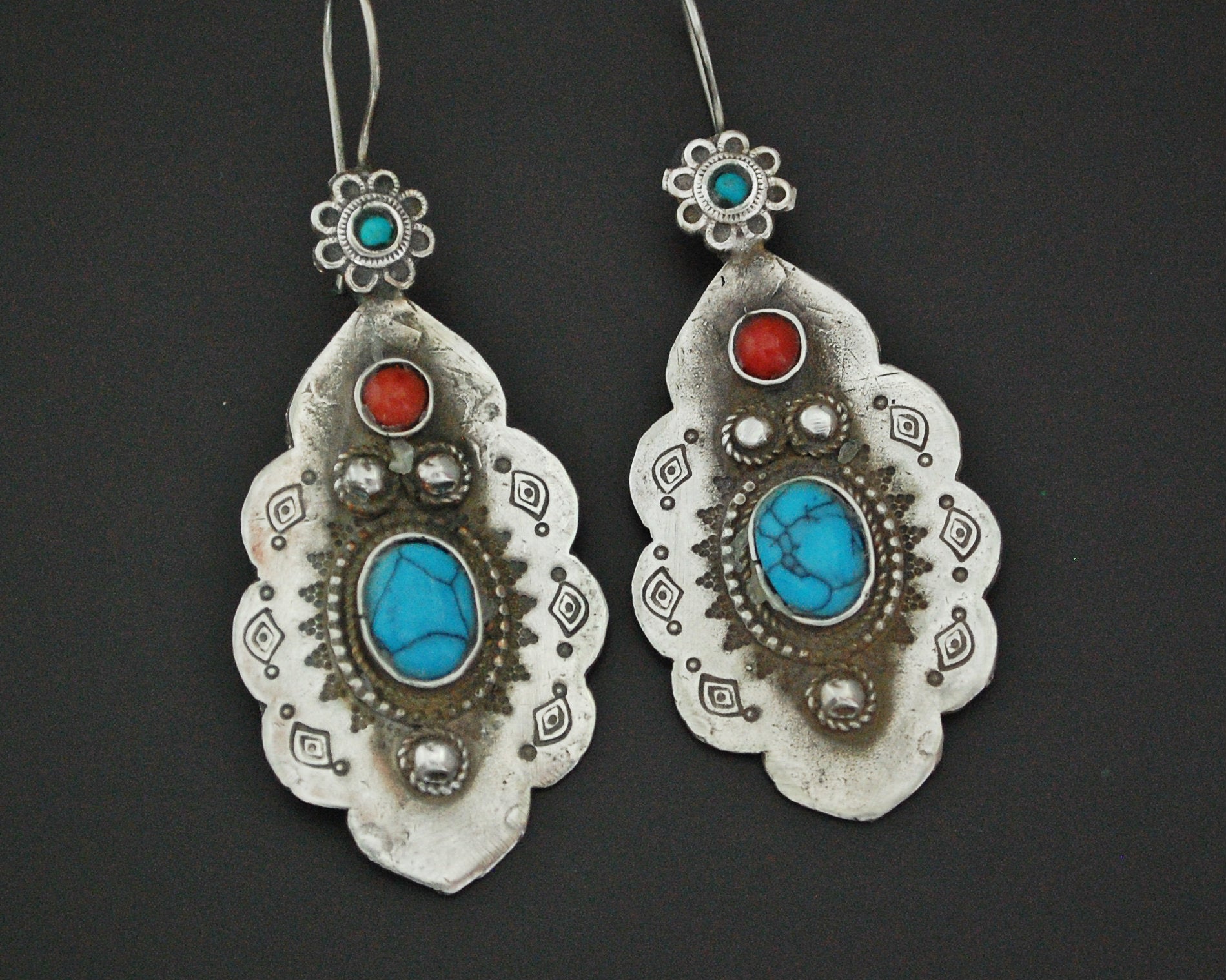 Turkmen Earrings with Coral and Turquoise