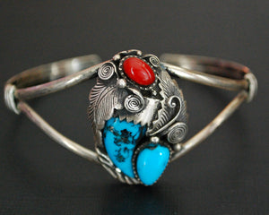 Navajo Turquoise Coral Claw Cuff Bracelet
