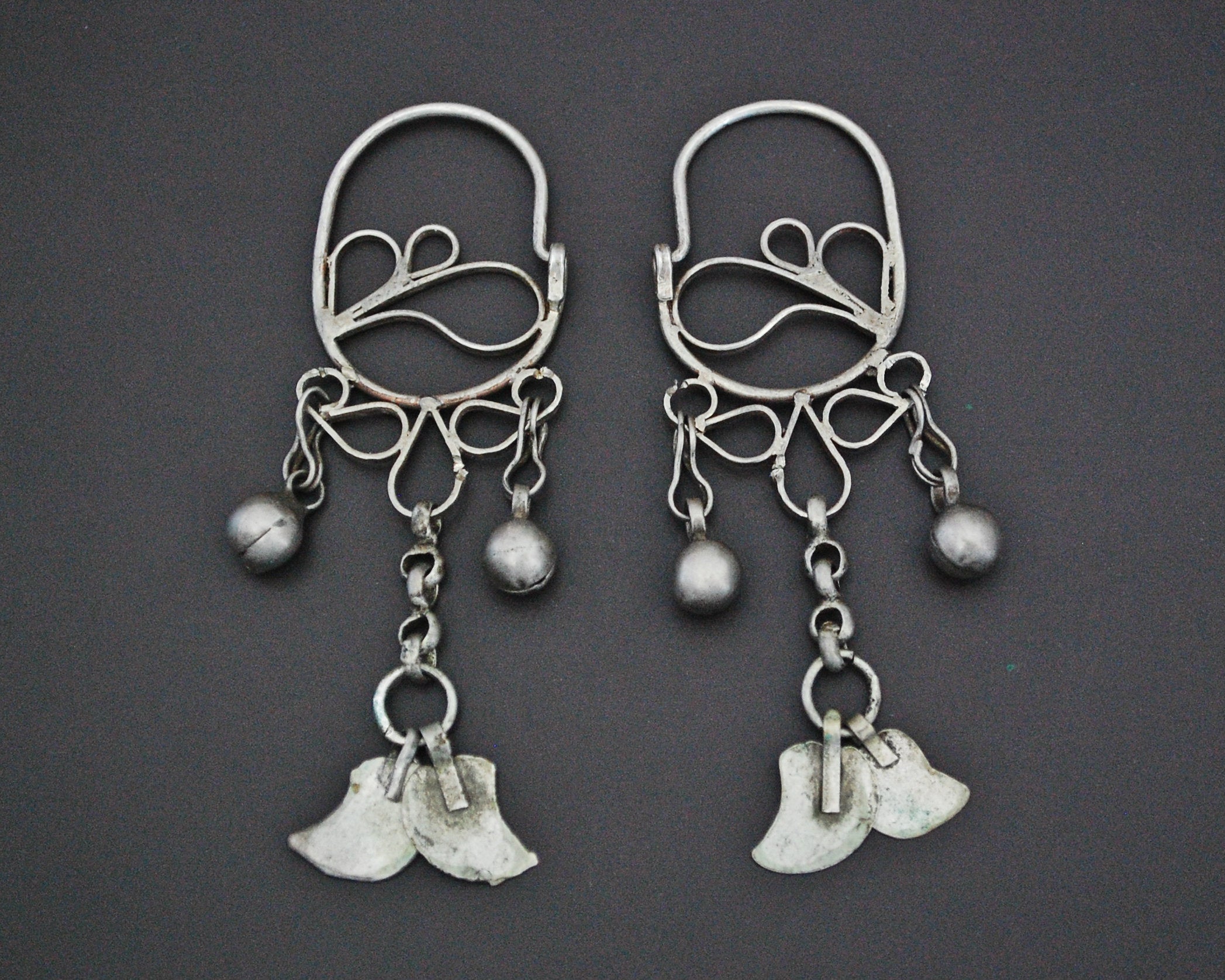 Uzbek Silver Hoop Earrings with Tassels and Bells