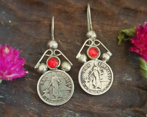 Old Berber Coin Earrings with Red Glass