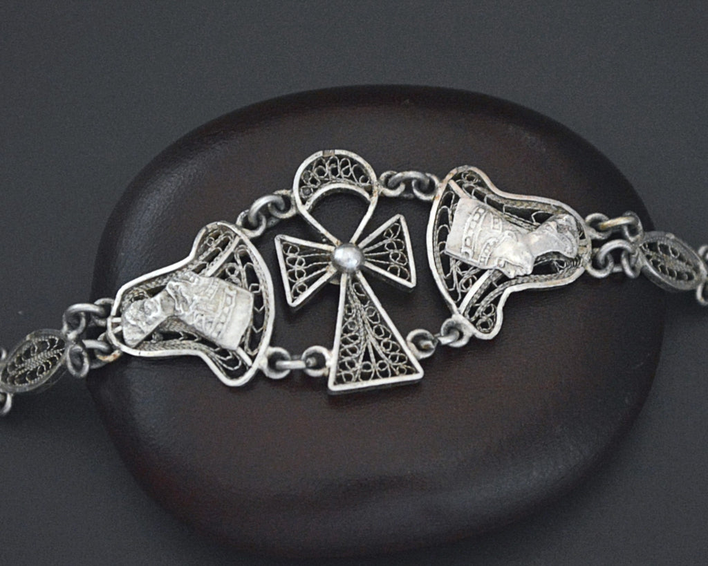 Egyptian Ankh Nefertiti Filigree Link Bracelet