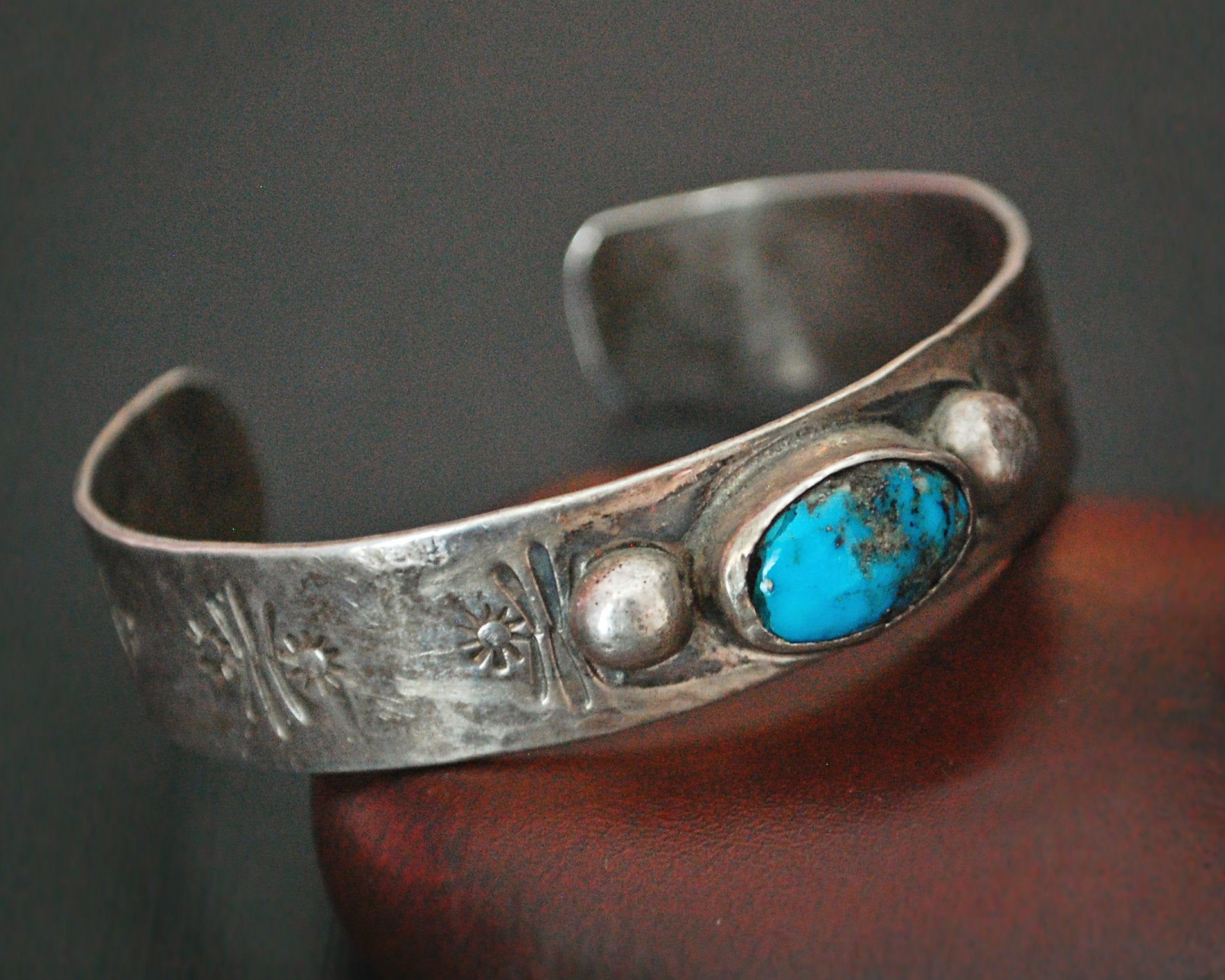 Old Navajo Stamped Turquoise Cuff Bracelet - SMALL