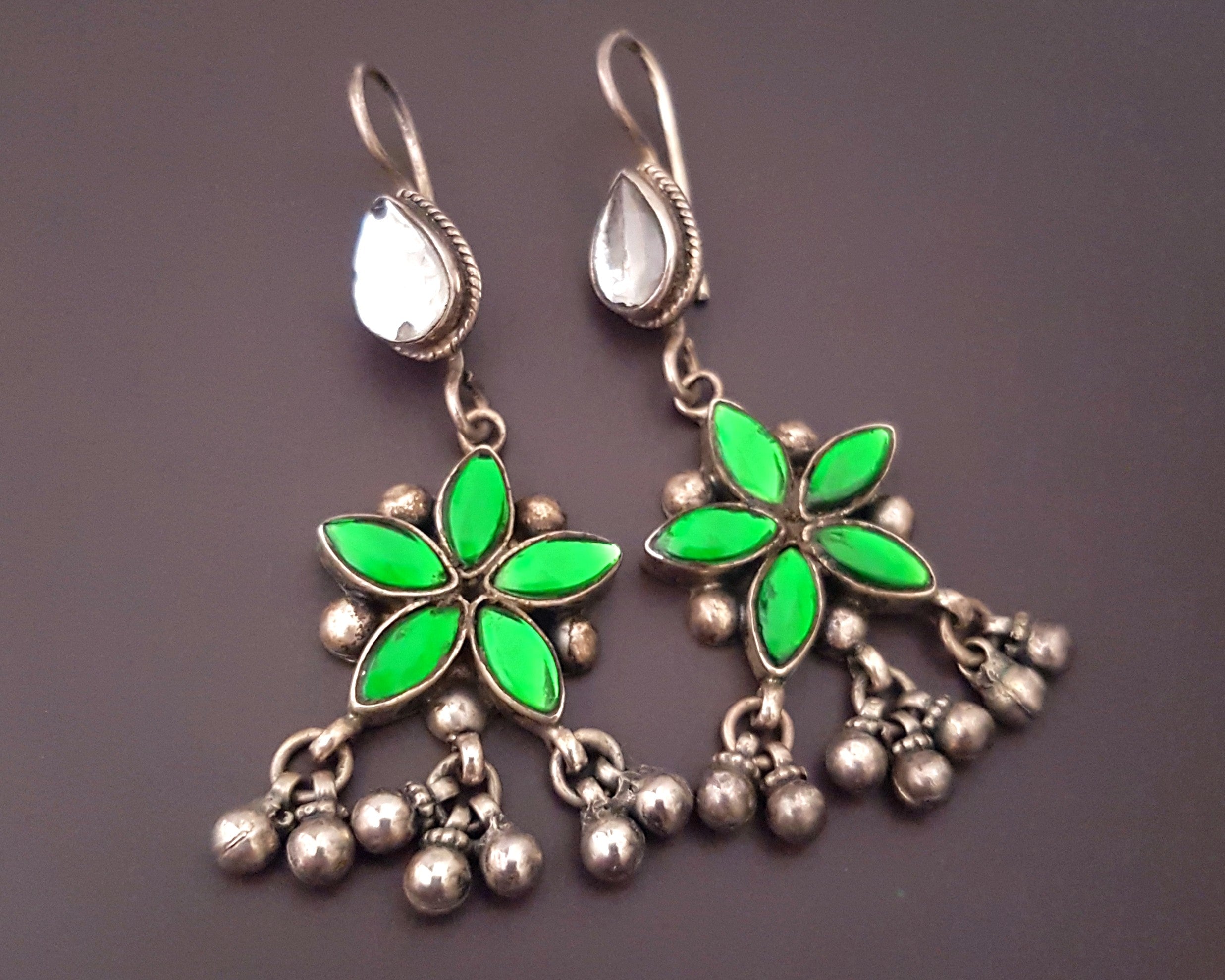Rajasthani Earrings with Green and White Glass