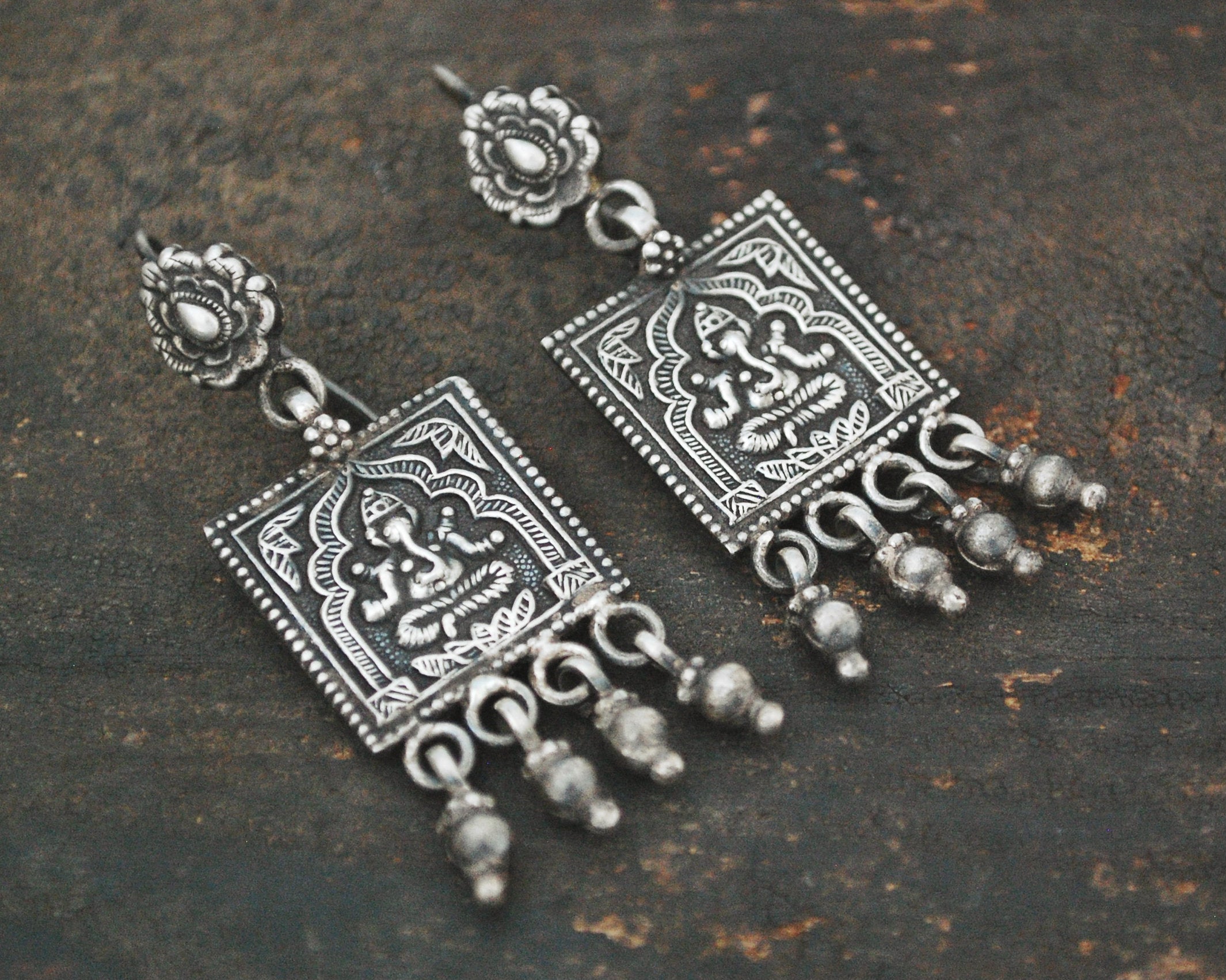 Rajasthani Ganesha Silver Earrings with Dangles