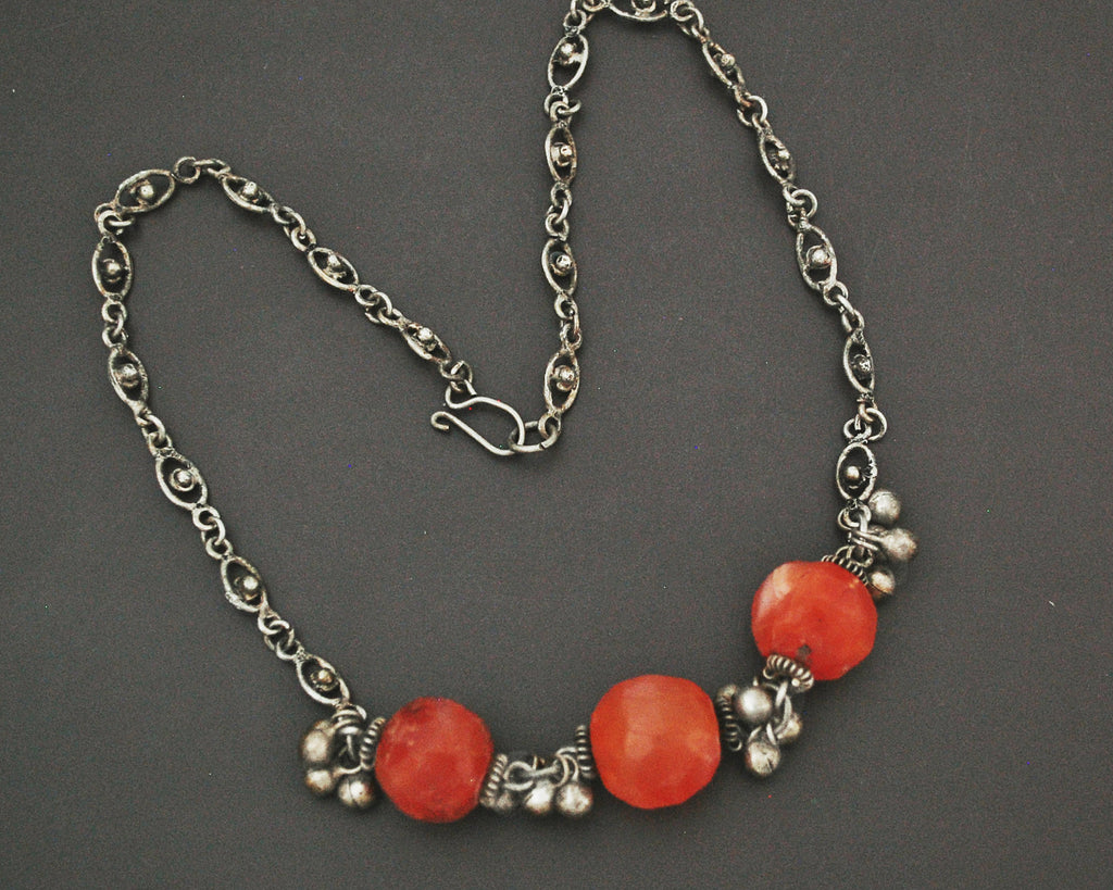 Indian Silver and Carnelian Beads Necklace