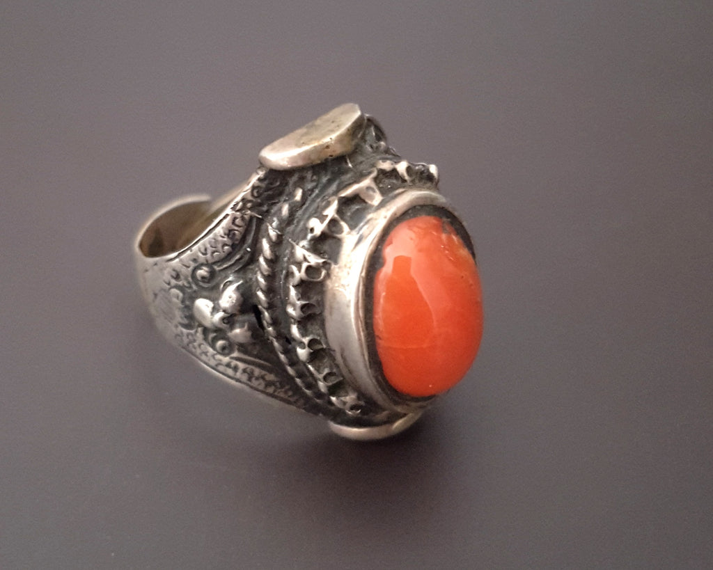 Nepali or Tibetan Coral Saddle Ring - Size 7