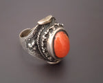 Nepali or Tibetan Coral Saddle Ring - Size 7