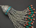 Old Uzbek Turquoise and Coral Tassel Pendant