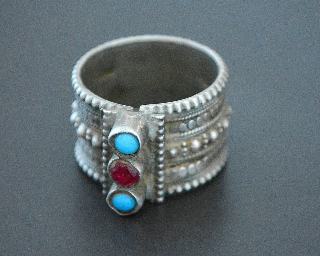 Wide Afghani Silver Band Ring with Turquoise and Glass - Size 10.5