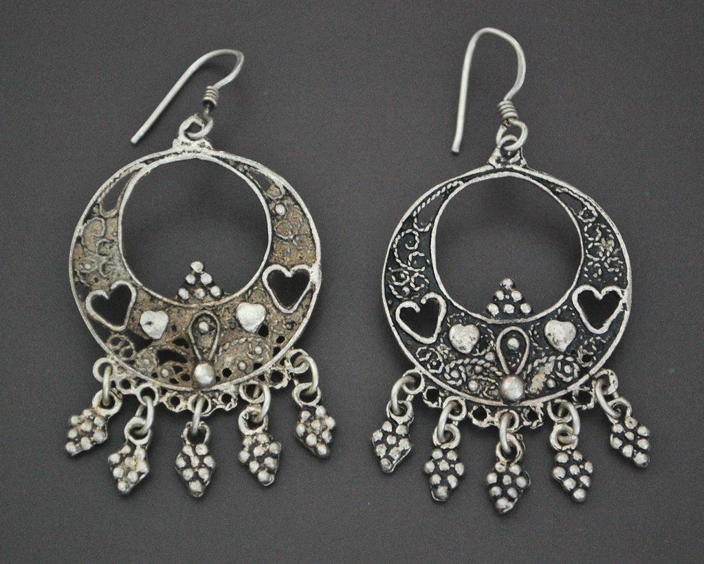 Vintage Filigree Silver Earrings with Heart Motif and Dangles