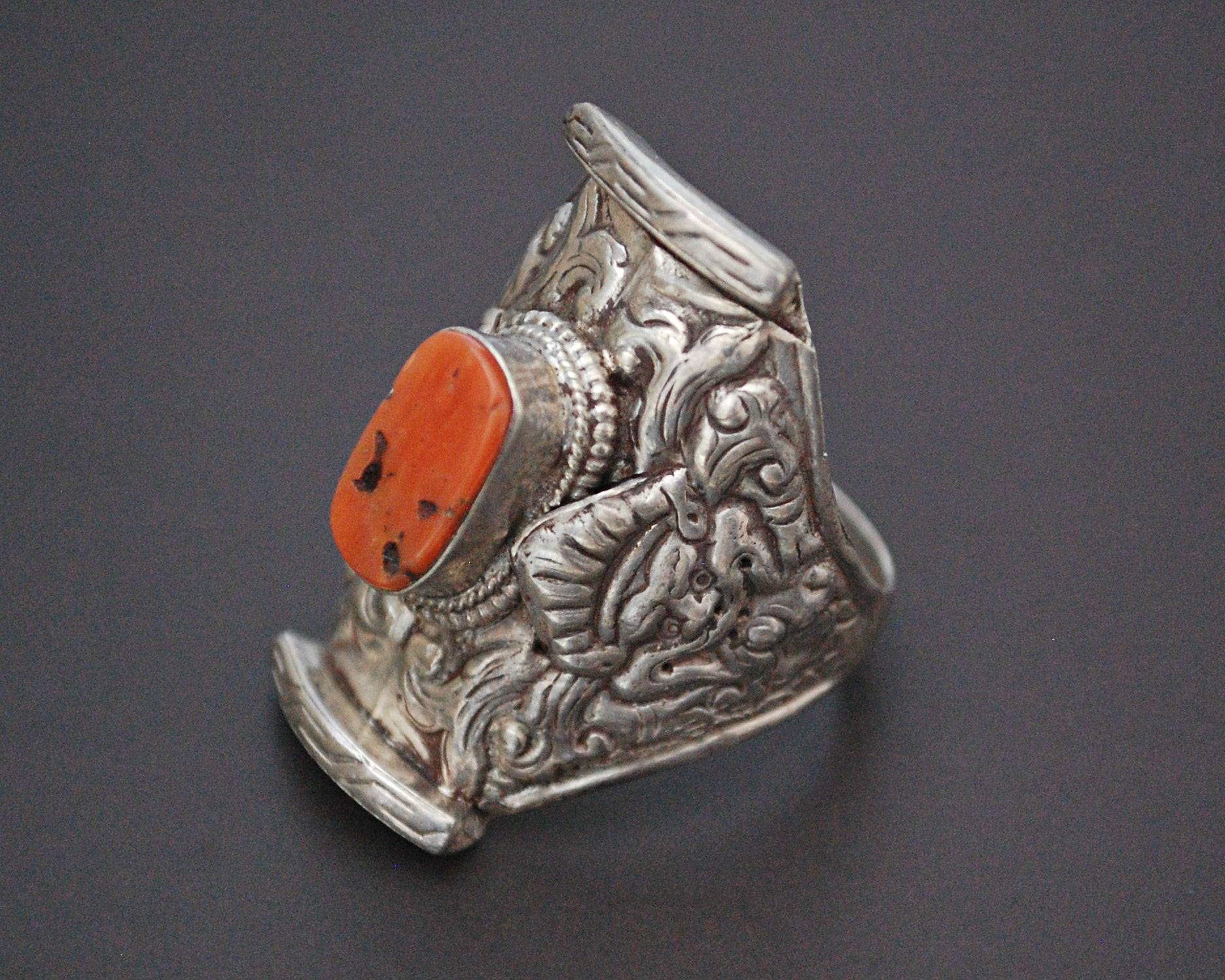 Large Tibetan Coral Saddle Ring - Size 12.5