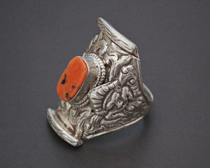 Large Tibetan Coral Saddle Ring - Size 12.5