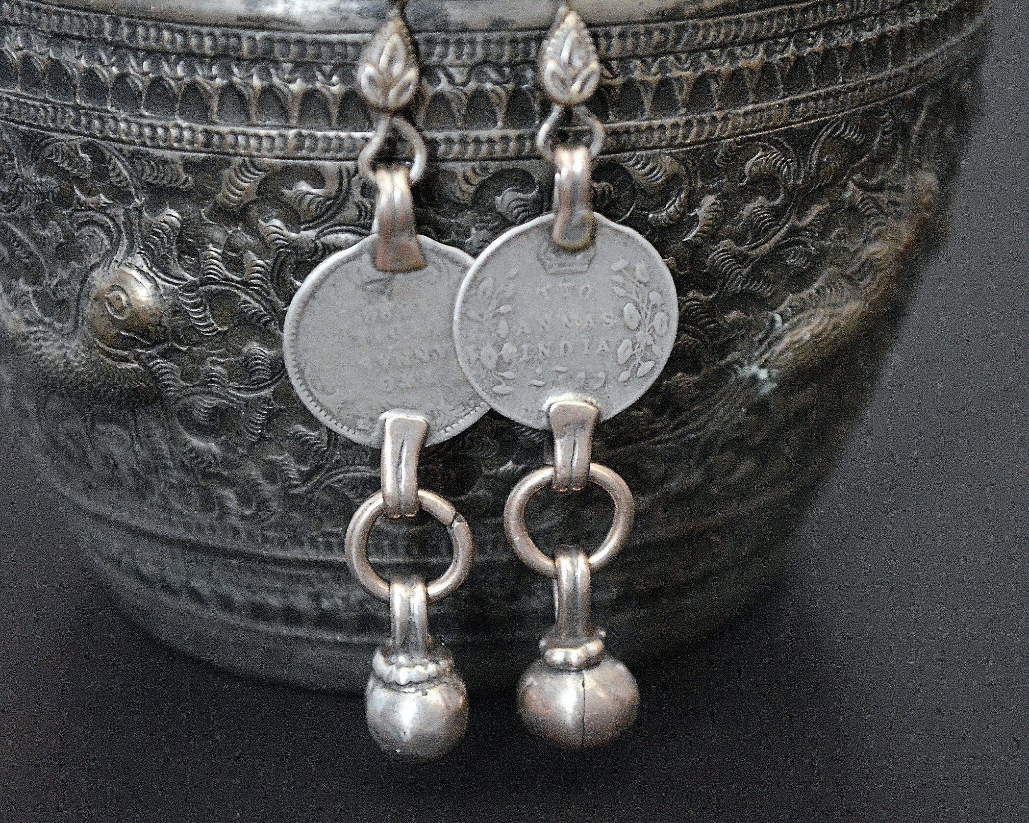 Indian Coin Dangle Earrings with Bell Dangle