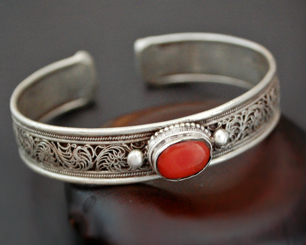 Nepali Coral Turquoise Cuff Bracelet with Filigree Work