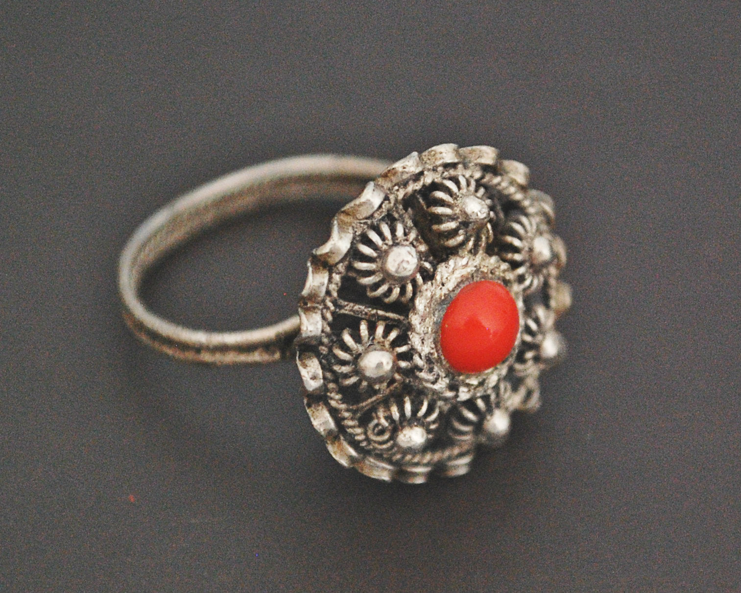 Croatian Coral Filigree Ring - Size 6.5