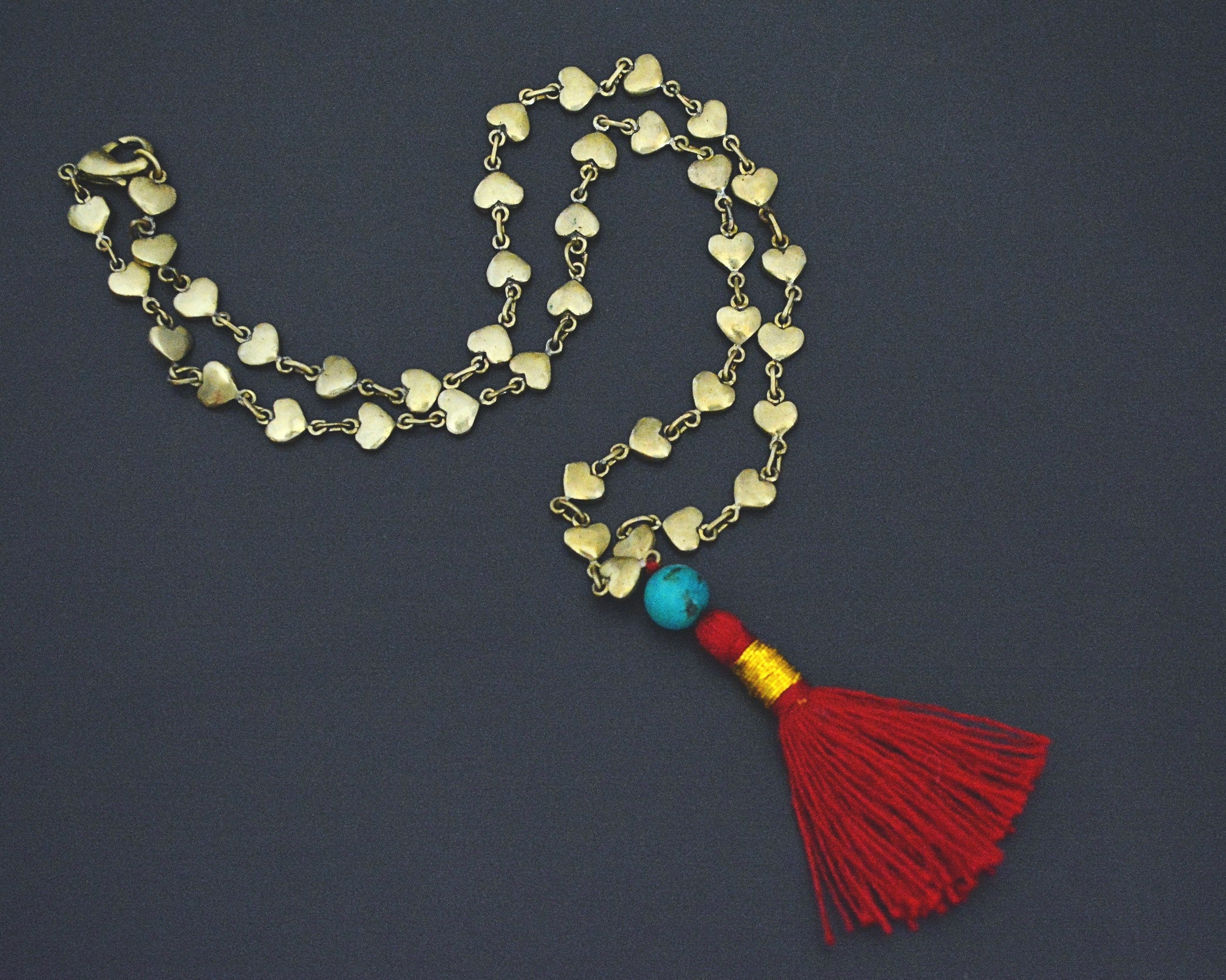 Nepali Brass Hearts Turquoise and Tassel Necklace