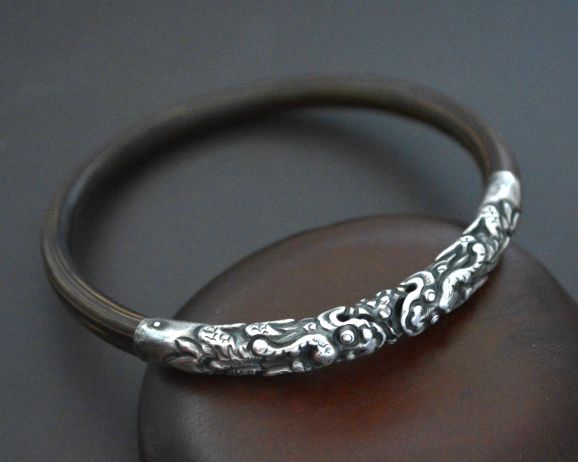 Chinese Bamboo Bracelet with Silver Repoussee Dragon