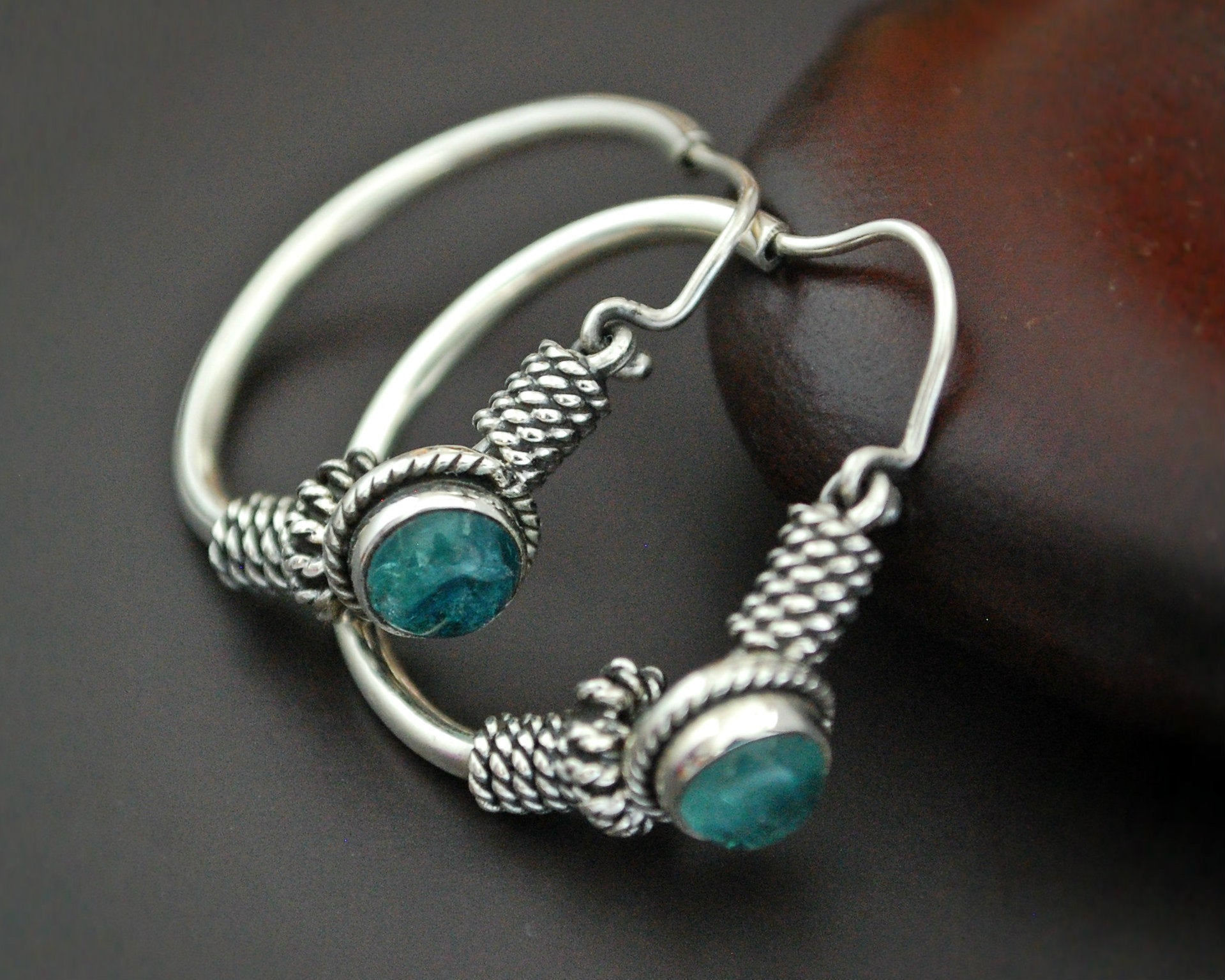 Ethnic Bali Hoop Earrings with Blue Stone