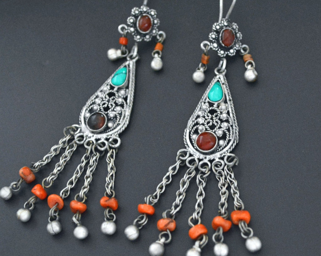 Uzbek Silver Turquoise Coral Earrings