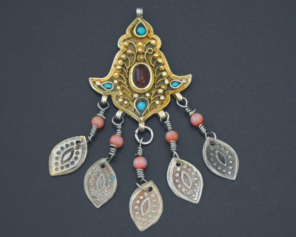 Gilded Uzbek Coral Turquoise Carnelian Pendant