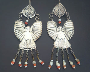 Uzbek Coral Pearl Earrings with Bird