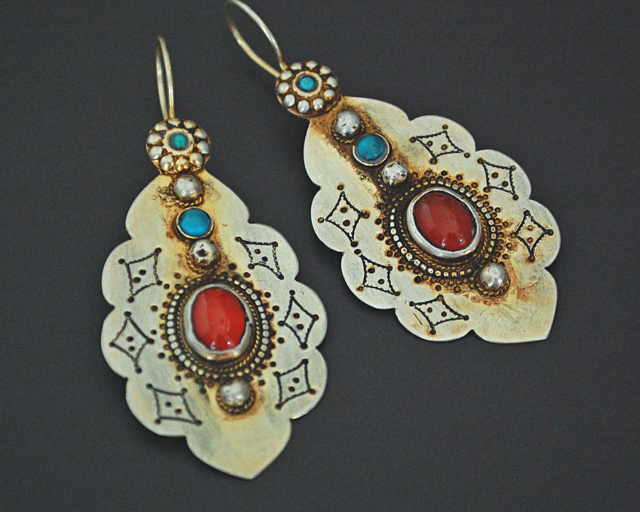 Turkmen Gilded Earrings with Carnelian and Turquoise