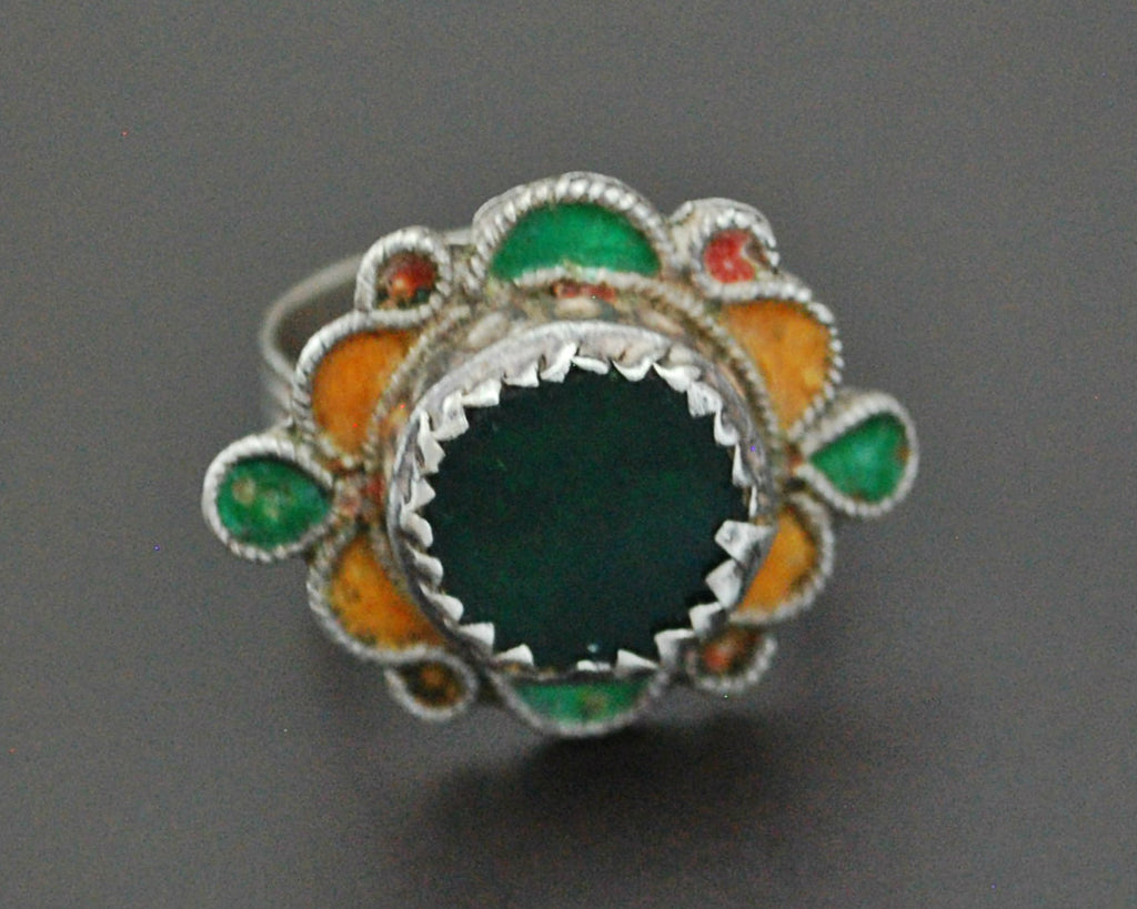 Berber Enamel Ring with Green Stone - Size 9