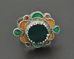 Berber Enamel Ring with Green Stone - Size 9