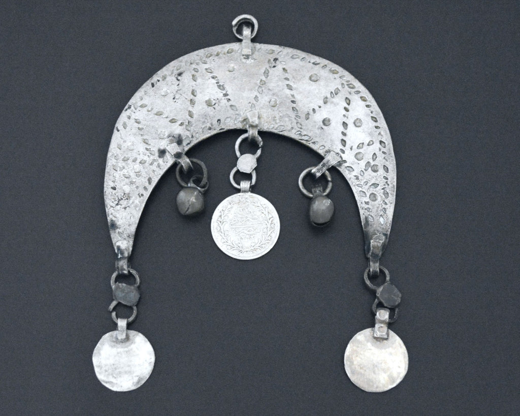 Egyptian Crescent Pendant with Coins and Bells