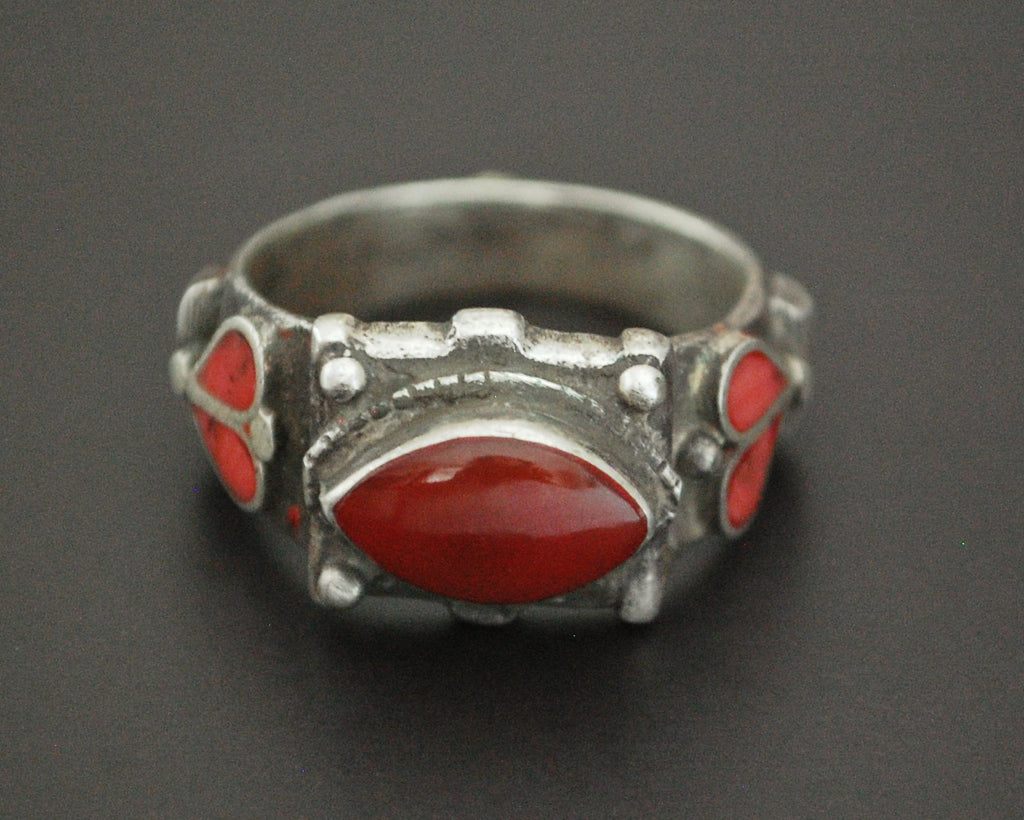 Old Afghani Coral and Carnelian Ring - Size 10.5