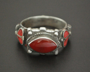 Old Afghani Coral and Carnelian Ring - Size 10.5