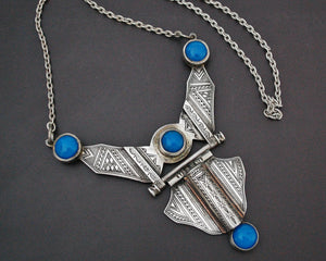 Tuareg Blue Beads Carved Pendant Necklace