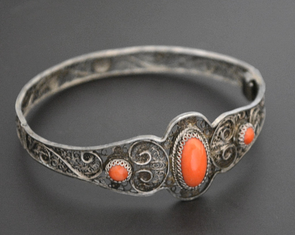 Berber Filigree Coral Bracelet - Hinged