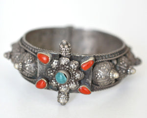 Yemeni Bedouin Silver Bracelet with Coral and Turquoise - Hinged - Small Size