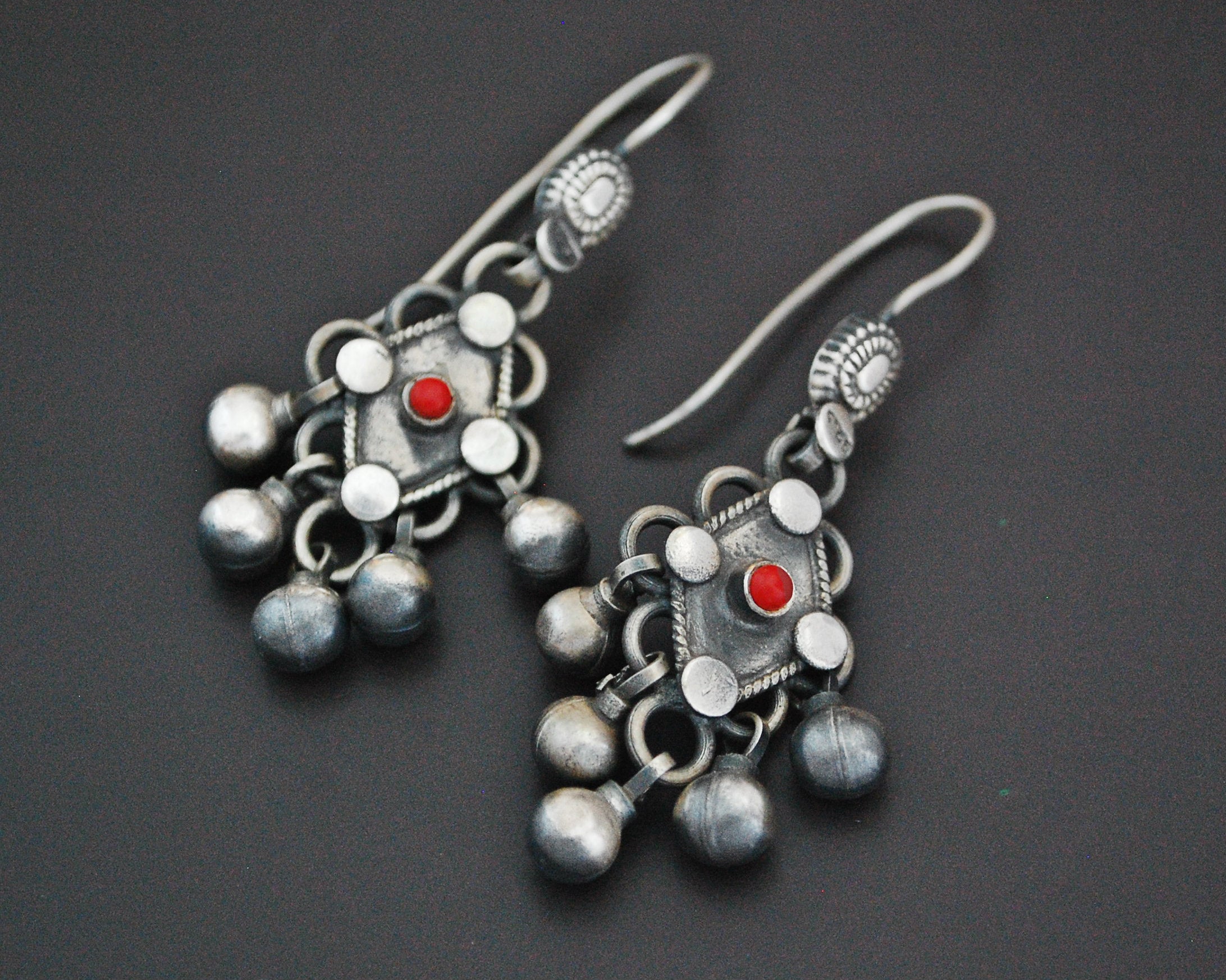 Rajasthani Coral Silver Earrings with Bells