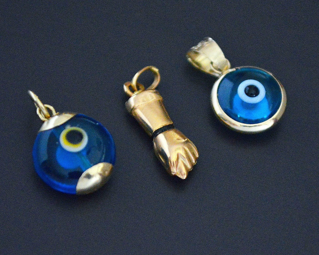 Turkish Evil Eye 14K Gold Pendant and 18K XS Figa Charm