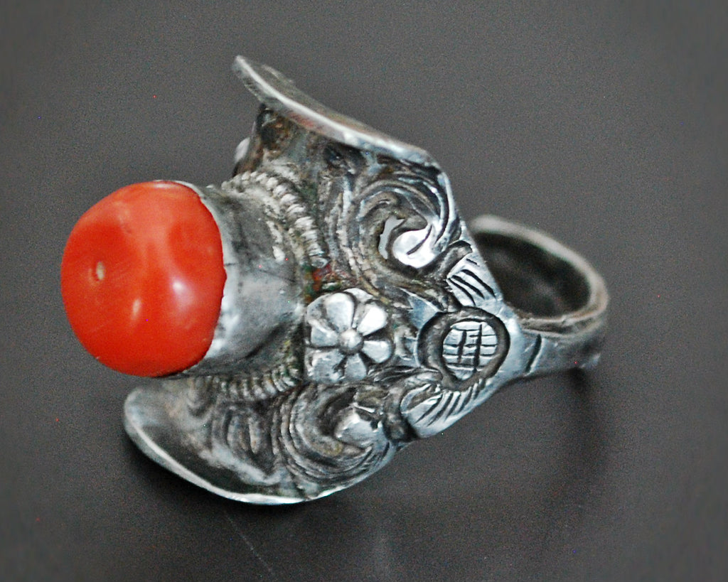 Antique Tibetan Coral Saddle Ring - Size 8.5