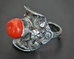 Antique Tibetan Coral Saddle Ring - Size 8.5