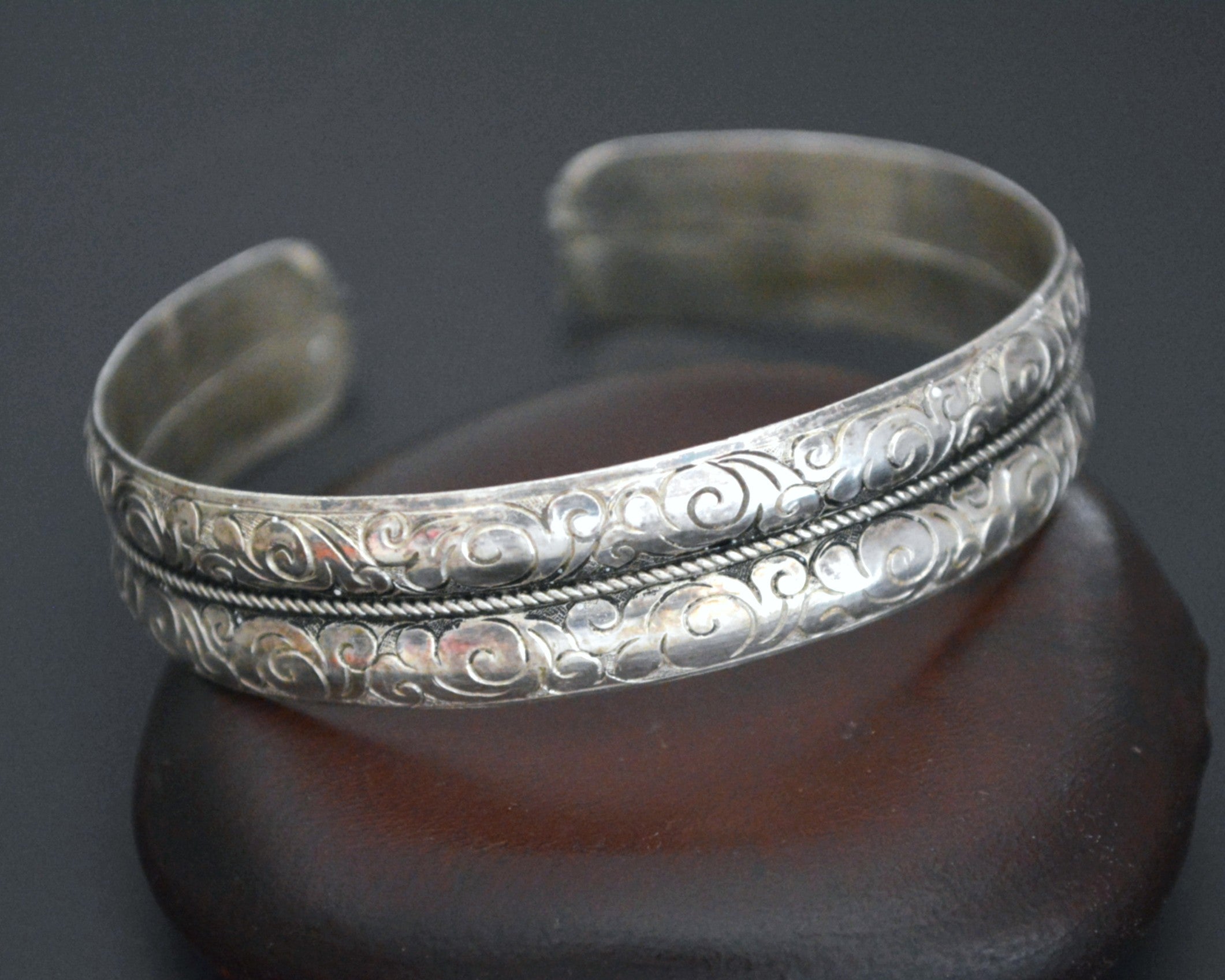 Nepali Silver Cuff Bracelet with Carvings