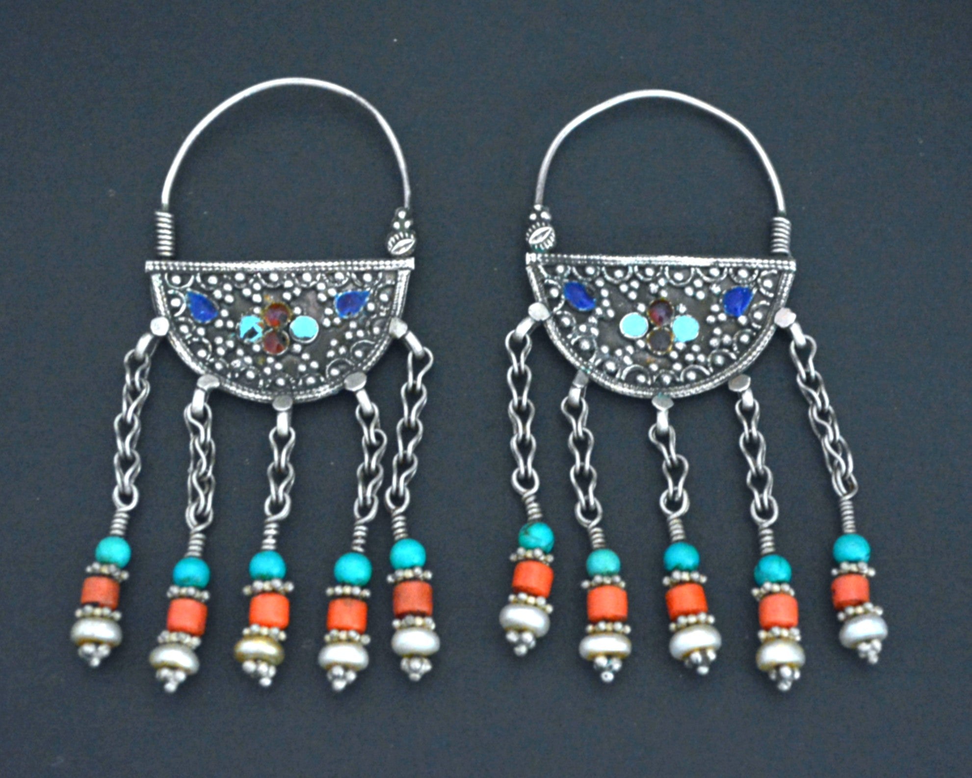 Uzbek Coral Turquoise and Pearl Earrings