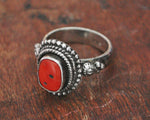 Vintage Nepali Coral Silver Ring - Size 8