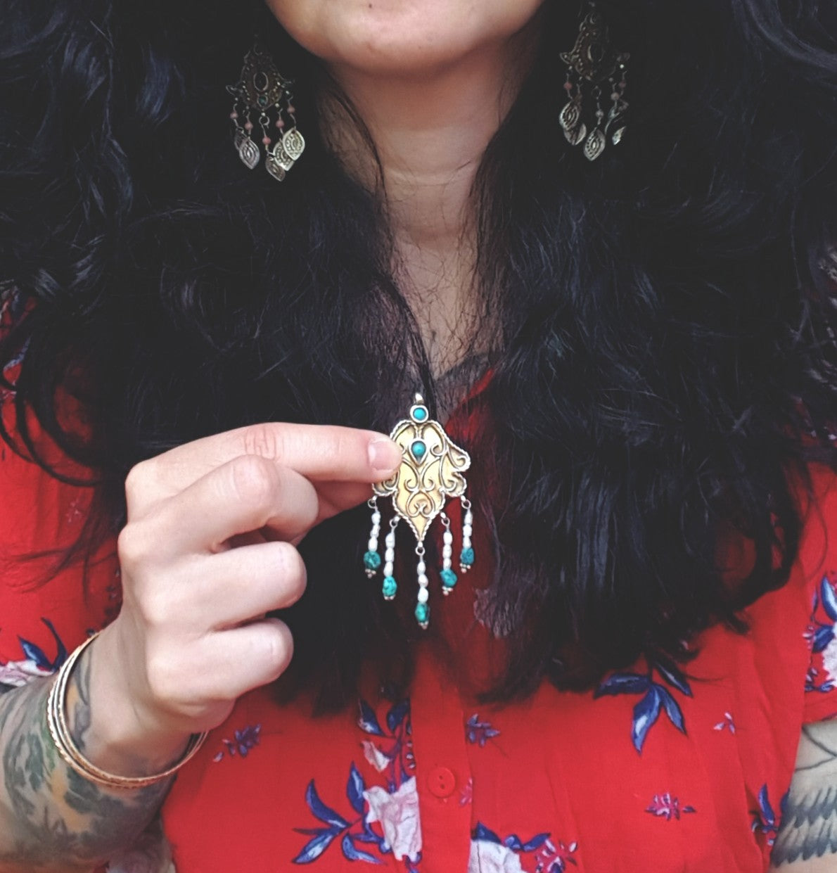 Gilded Uzbek Turquoise Pearl Pendant
