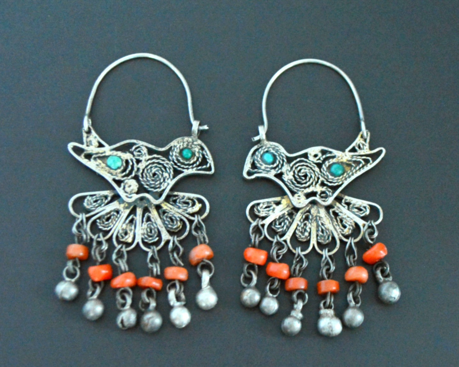 Uzbek Bird Earrings with Turquoise and Coral