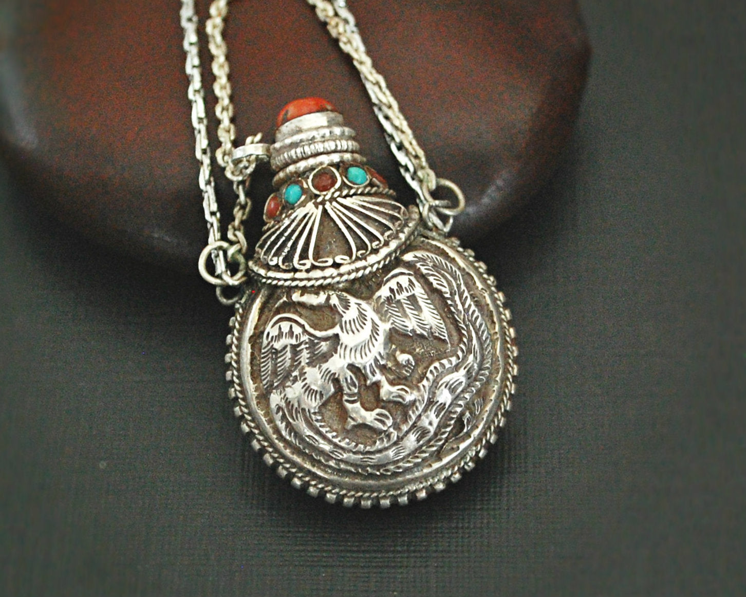 Nepali Repoussee Silver Parfum Bottle on Chain