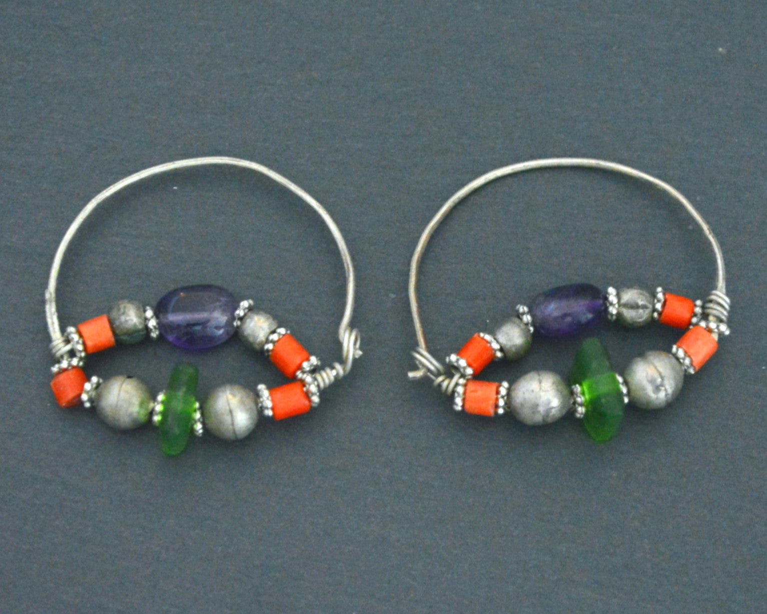 Uzbek Coral Glass Hoop Earrings