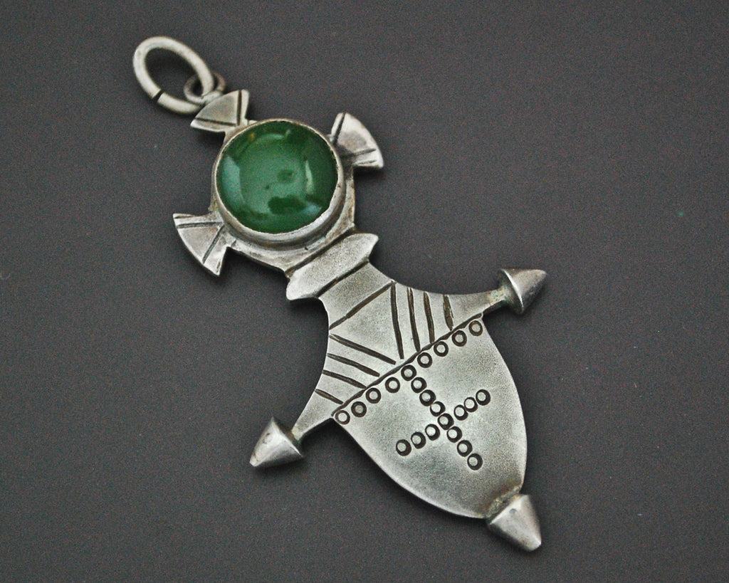 Tuareg Silver Cross with Green Stone