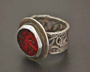 Afghani Silver Ring with Red Glass and Ornate Band - Size 7.5