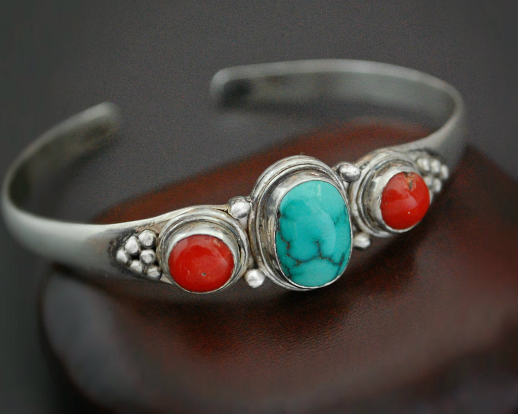 Nepali Turquoise Coral Cuff Bracelet