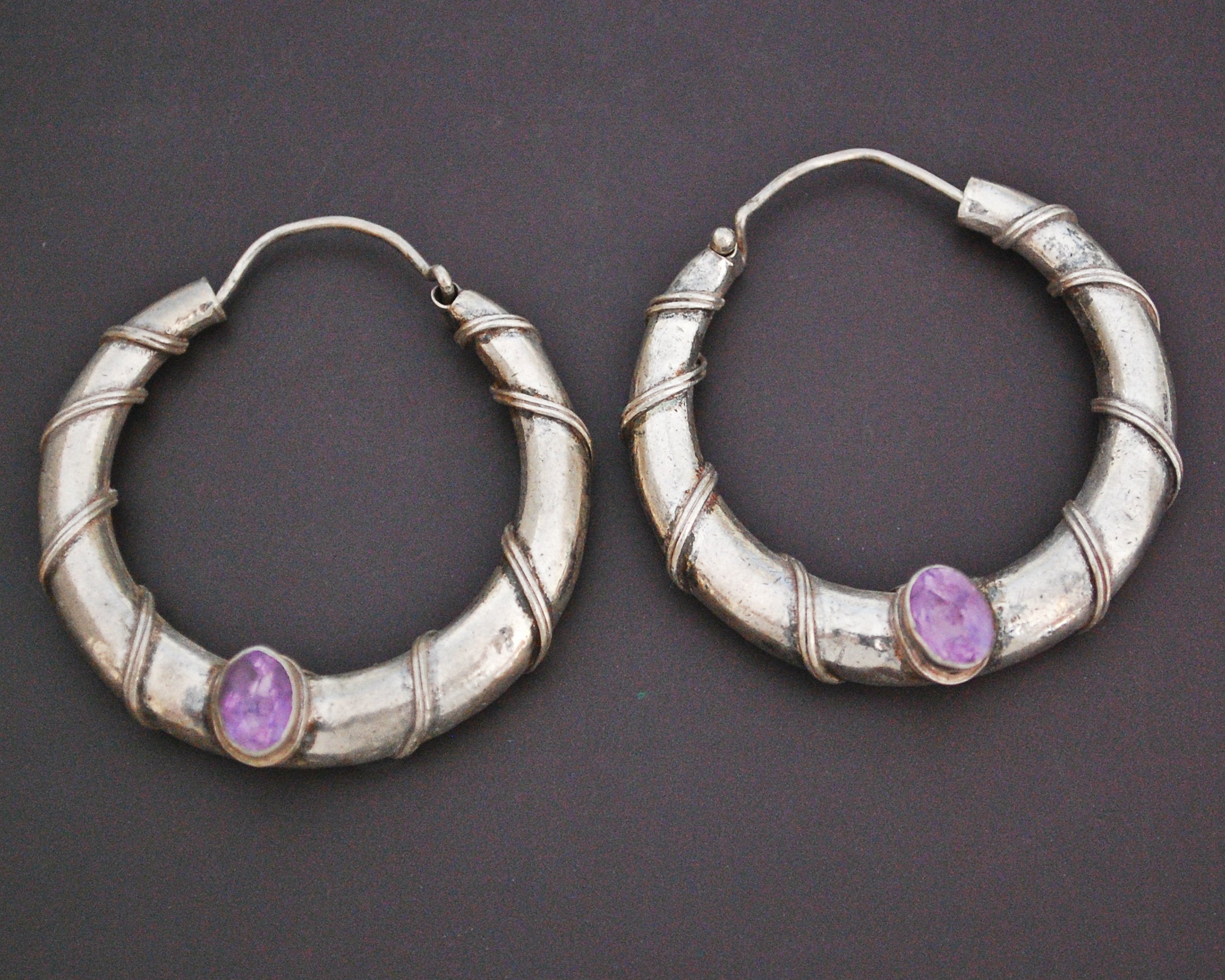 Ethnic Amethyst Hoop Earrings - MEDIUM / LARGE